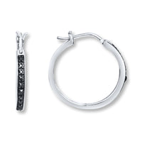 Hoop Earrings Black Diamonds Sterling Silver