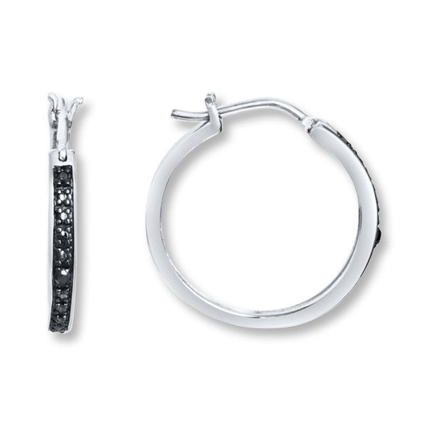Hoop Earrings Black Diamonds Sterling Silver