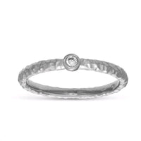 Round Diamond Bezel Set Ring in Hammered White Gold