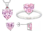 Pink Cubic Zirconia Rhodium Over Sterling Silver Heart Earrings, Ring, And Pendant With Chain 10.44