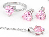 Pink Cubic Zirconia Rhodium Over Sterling Silver Heart Earrings, Ring, And Pendant With Chain 10.44