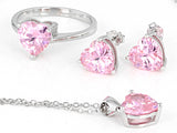 Pink Cubic Zirconia Rhodium Over Sterling Silver Heart Earrings, Ring, And Pendant With Chain 10.44
