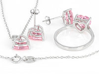 Pink Cubic Zirconia Rhodium Over Sterling Silver Heart Earrings, Ring, And Pendant With Chain 10.44