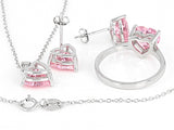Pink Cubic Zirconia Rhodium Over Sterling Silver Heart Earrings, Ring, And Pendant With Chain 10.44