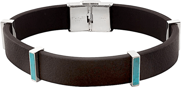 Blue Kingman Turquoise Silver Over Brass Gents Leather Bracelet
