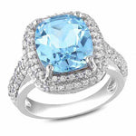 Cushion-Cut Blue Topaz and Lab-Created White Sapphire Frame Ring in Sterling Silver