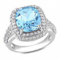 Cushion-Cut Blue Topaz and Lab-Created White Sapphire Frame Ring in Sterling Silver