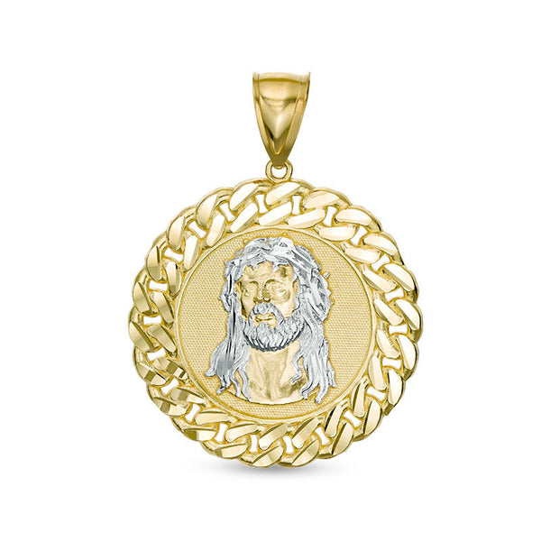 Men's Jesus Head Curb Chain Frame Medallion Necklace Charm in 10K Two-Tone Gold