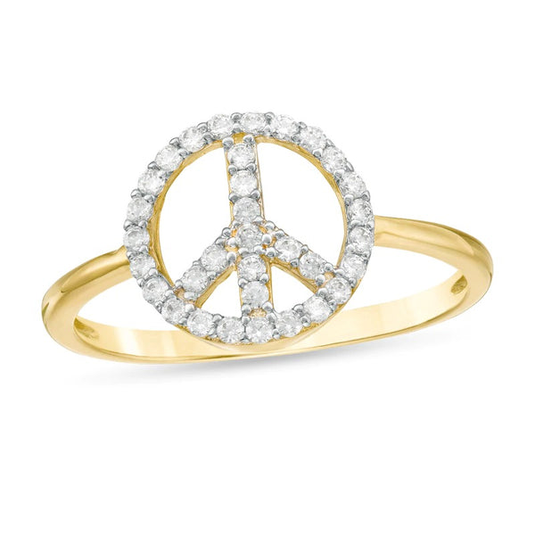 Cubic Zirconia Peace Sign Ring in 10K Gold - Size 7