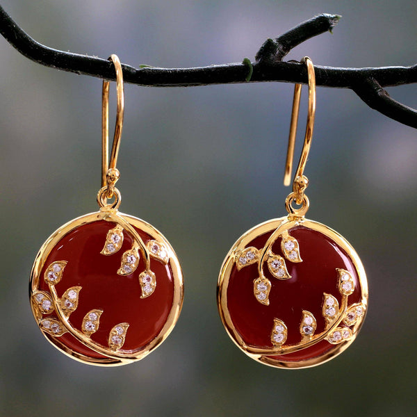 Hand Crafted Red Onyx and Cubic Zirconia Dangle Earrings