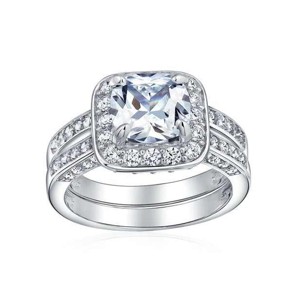 2CT Princess Cut Halo CZ Engagement Wedding Ring Set Sterling Silver
